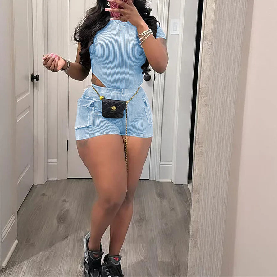 Stretchy Bodysuit Pockets Short Set