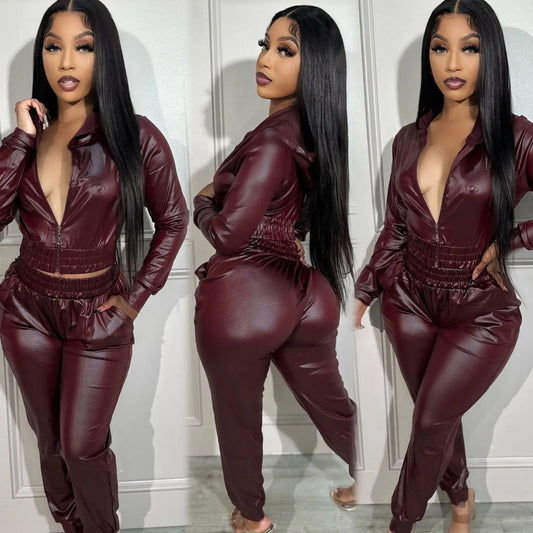 Leather Hoodie Jacket Pants Set