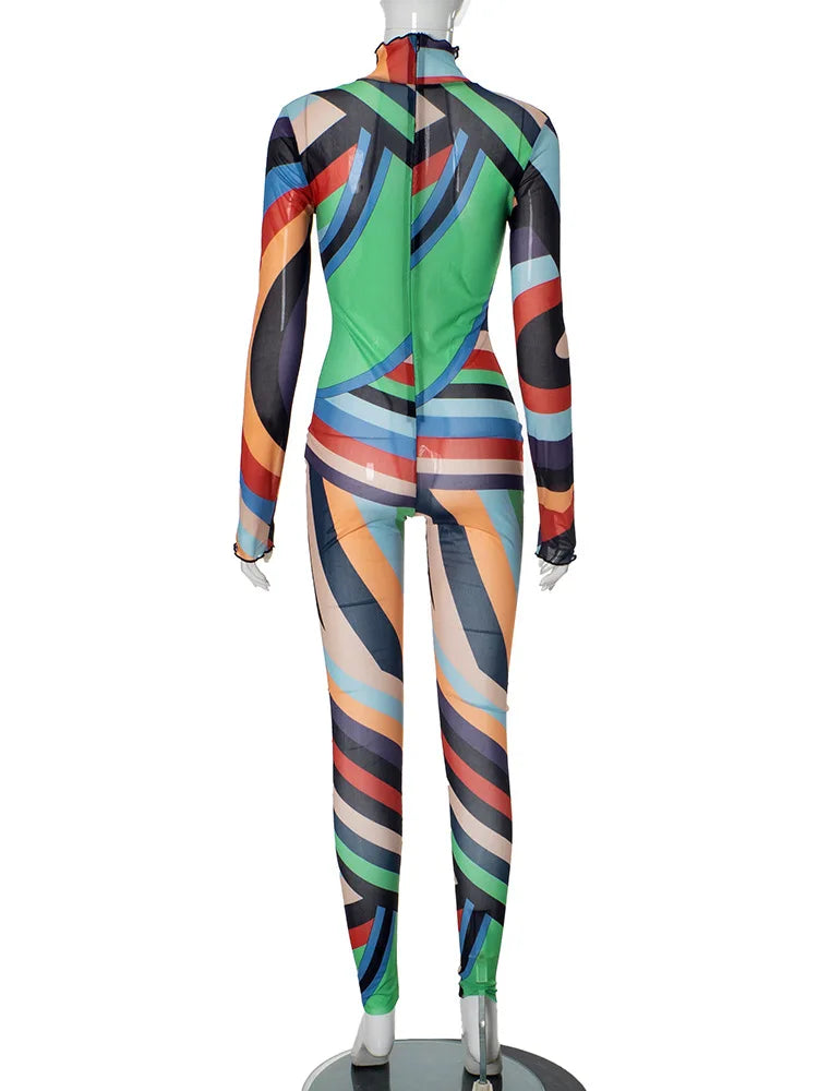 Mesh Striped Bodycon Jumpsuit.