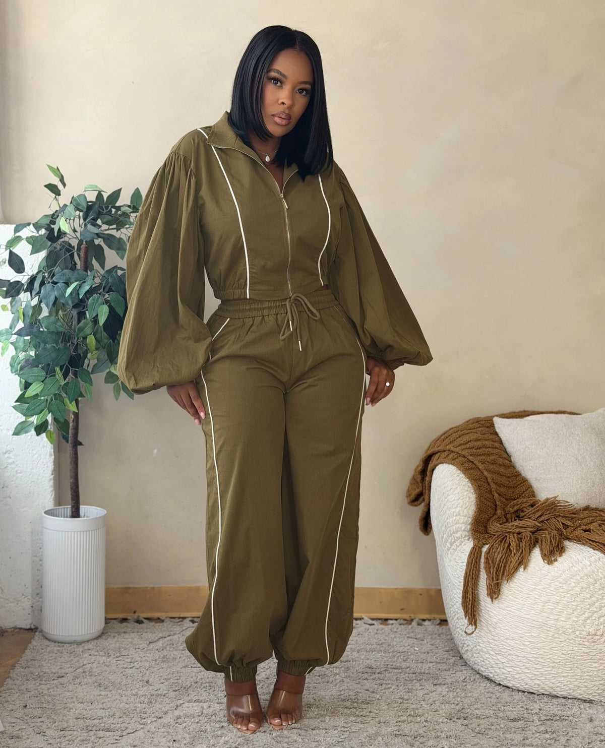 Drawstring Pants Reflective Stripe Set