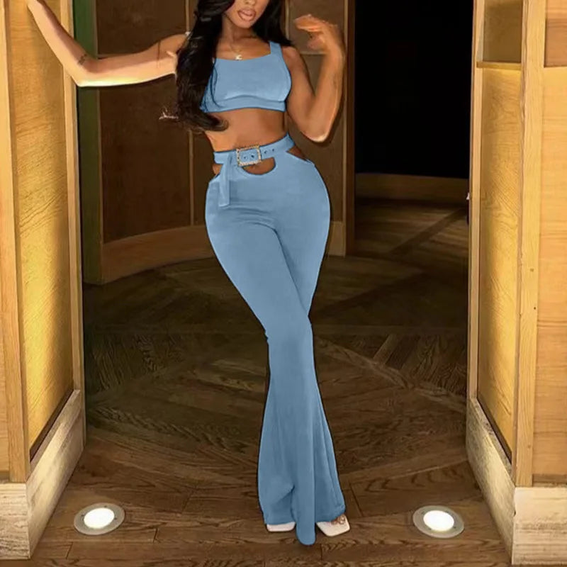 Kia Cutout Waist Belt Flare Pants Set