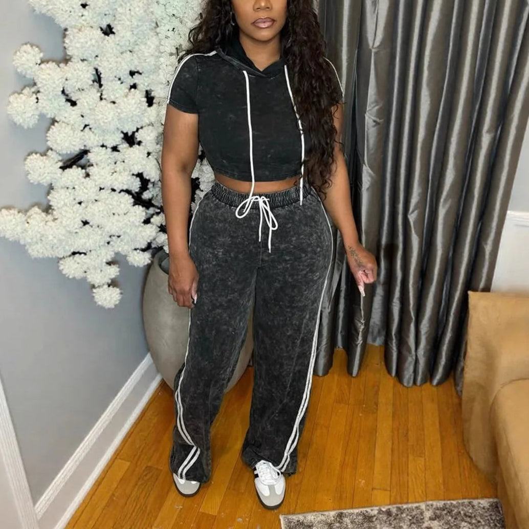 Cute and Comfy Two-Piece Stripe Crop Top and Pants Set.