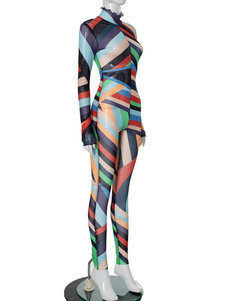 Mesh Striped Bodycon Jumpsuit.