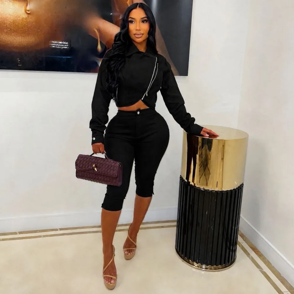 Suede Zip Crop Jacket and Capri Pants Set