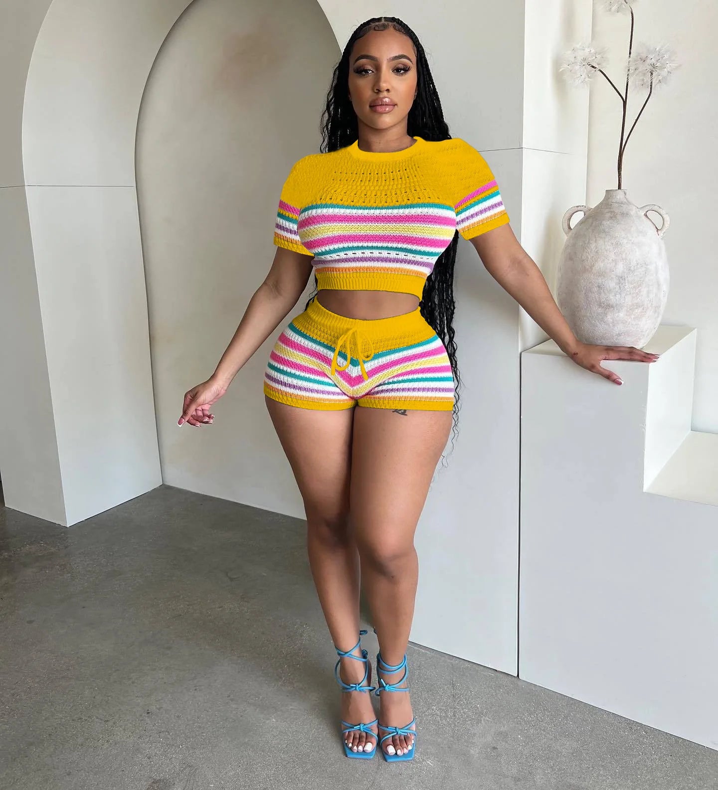 Cute Knit Striped Two-Piece Short Set
