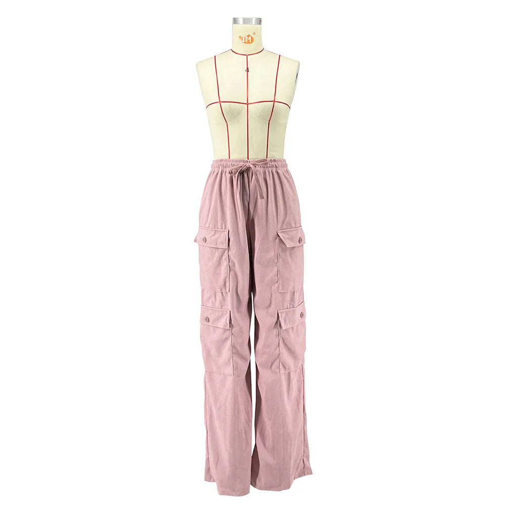Terry Cargo High Waist Wide Leg Pants