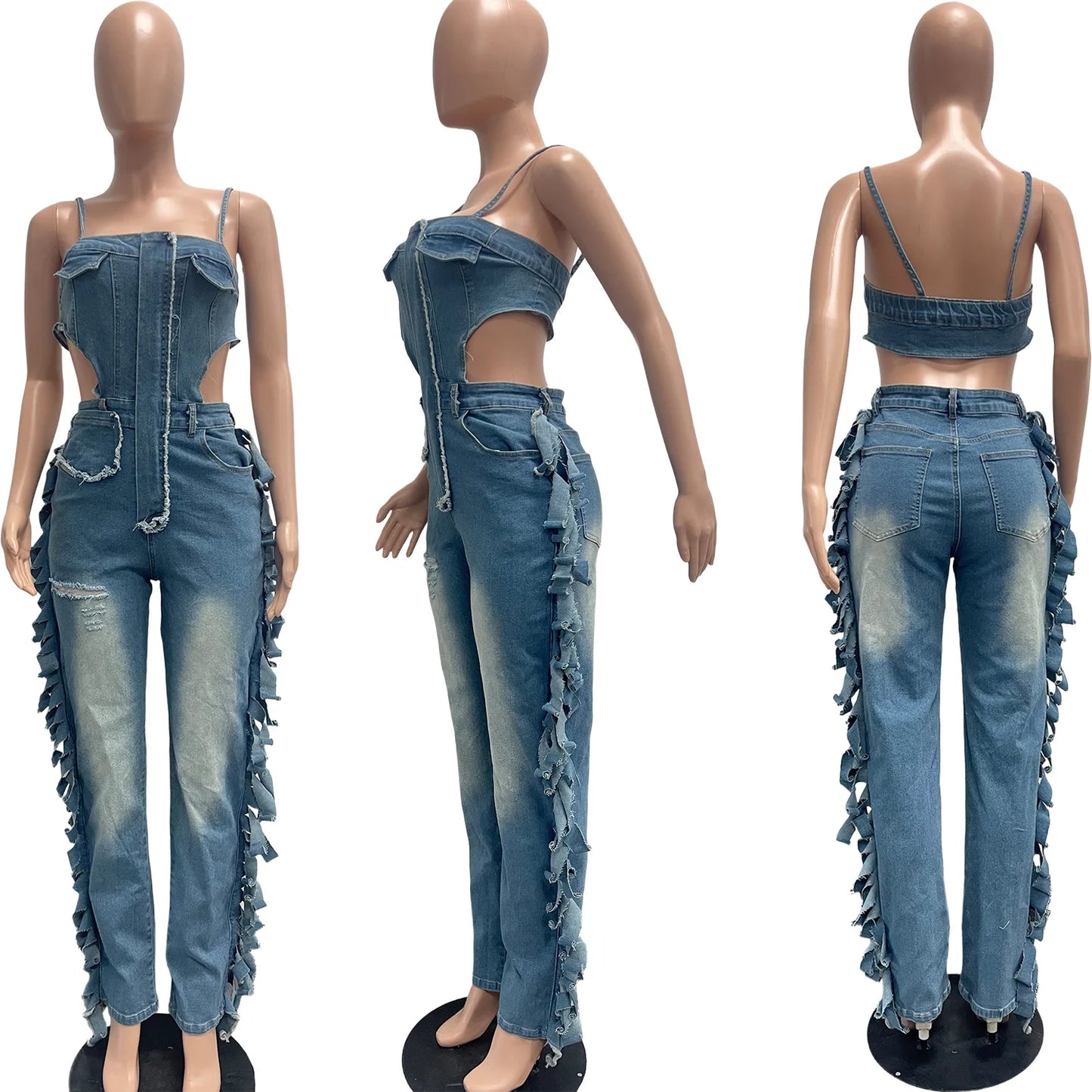 Hollow Out Tassel Jeans Jumpsuit