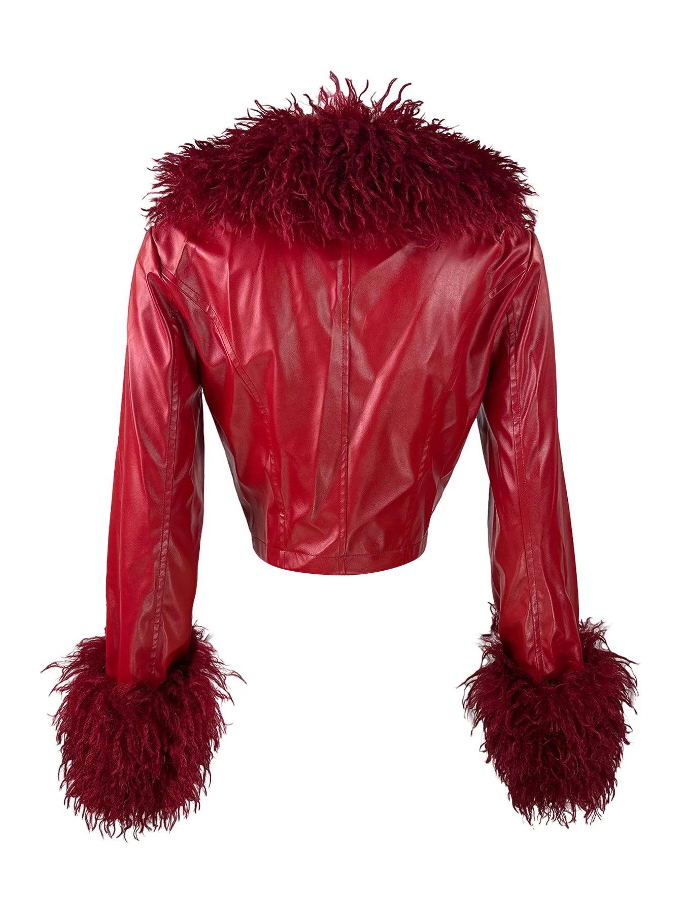 Red jacket with feathered cuffs and collar on a white background