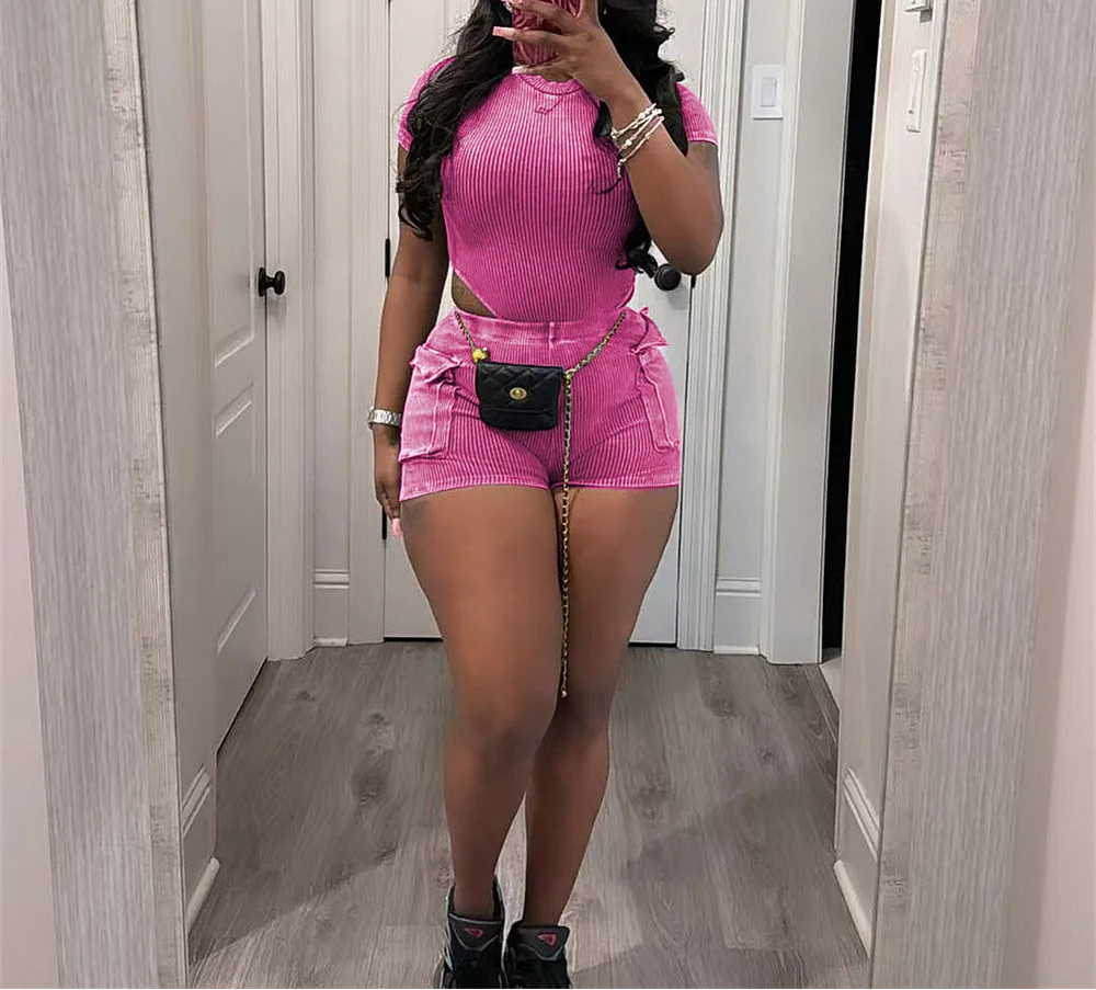 Stretchy Bodysuit Pockets Short Set