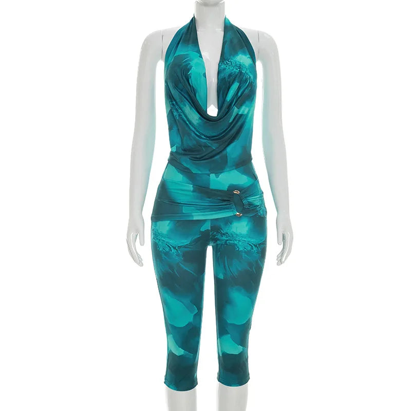 Print V-Neck Halter Two-Piece Set