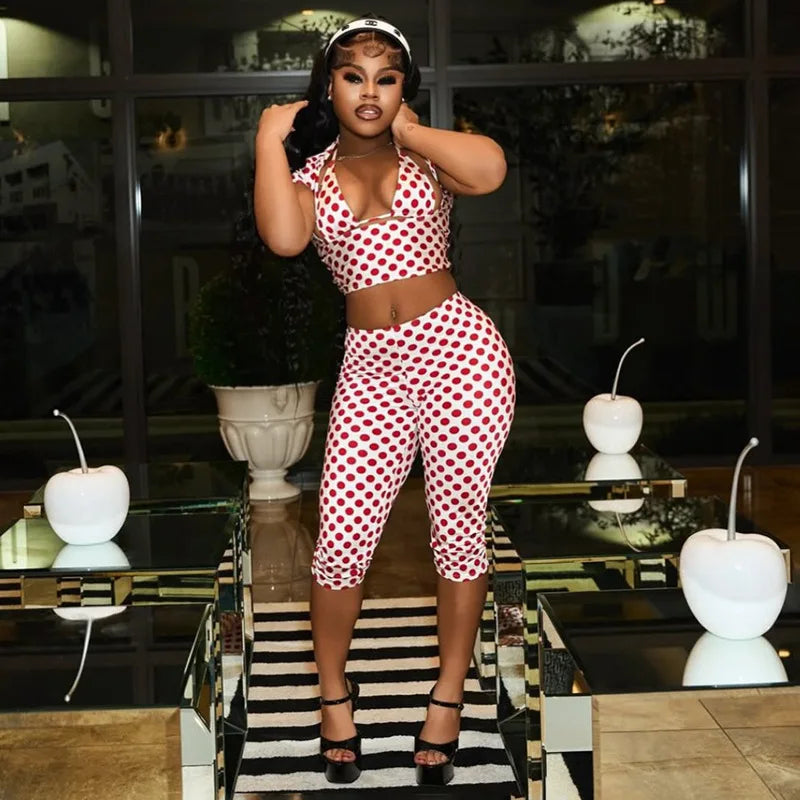 Polka Dot Print Crop Top and Pants Set
