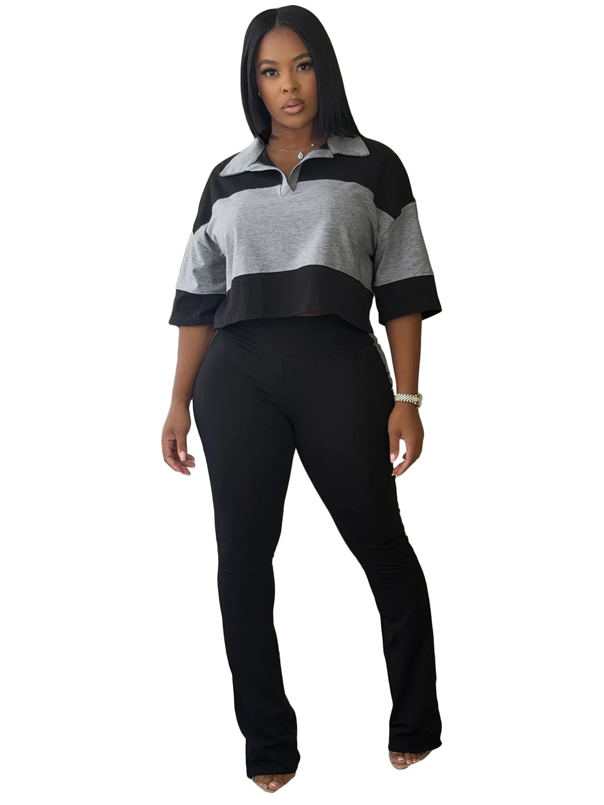Color Block High Waist Flare Pants Set