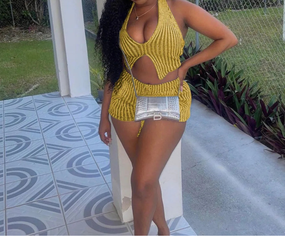 Ribbed Halter Backless Bodycon Short Set