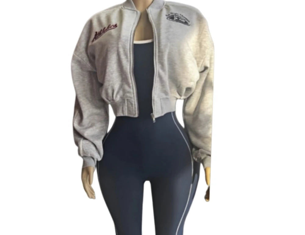 Trendy Letter Jacket and Bodycon Jumpsuit
