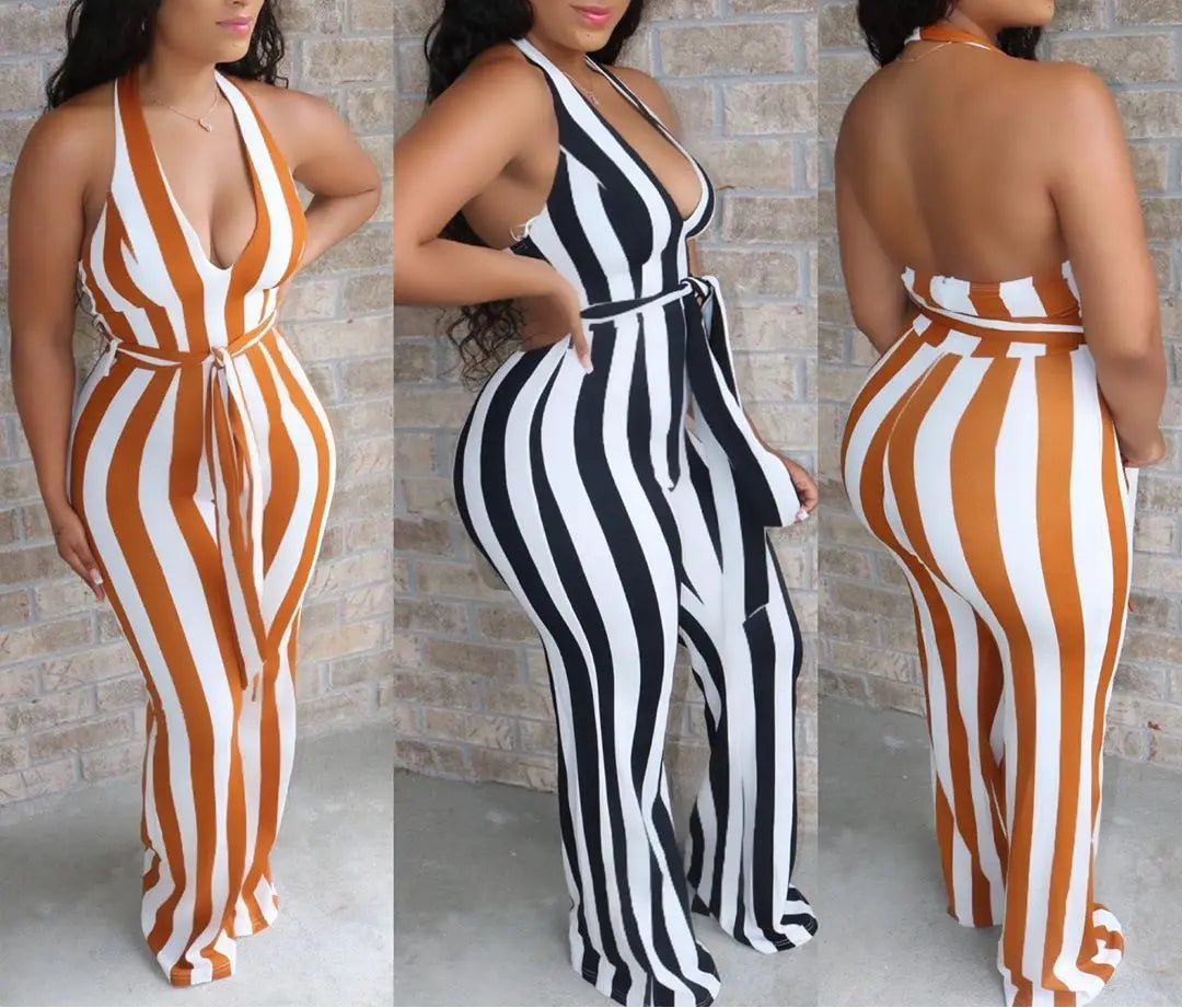 Striped Halter V-neck Jumpsuit