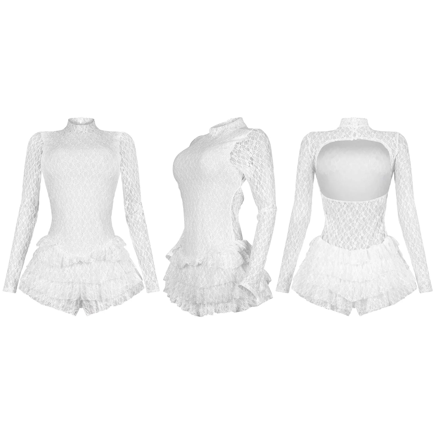 Lace Ruffles Backless Shorts Romper