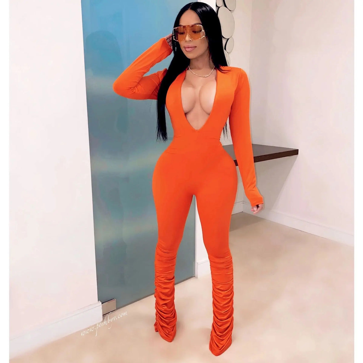 Deep V-Neck Bodycon Ruched Stacked Jumpsuit