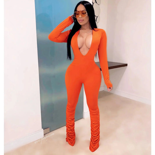 Deep V-Neck Bodycon Ruched Stacked Jumpsuit