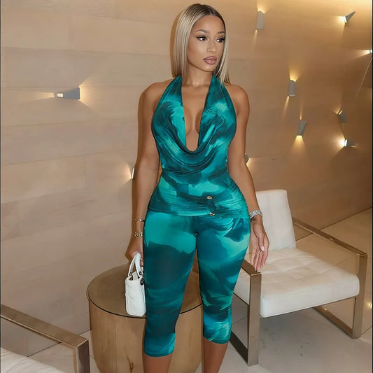 Print V-Neck Halter Two-Piece Set