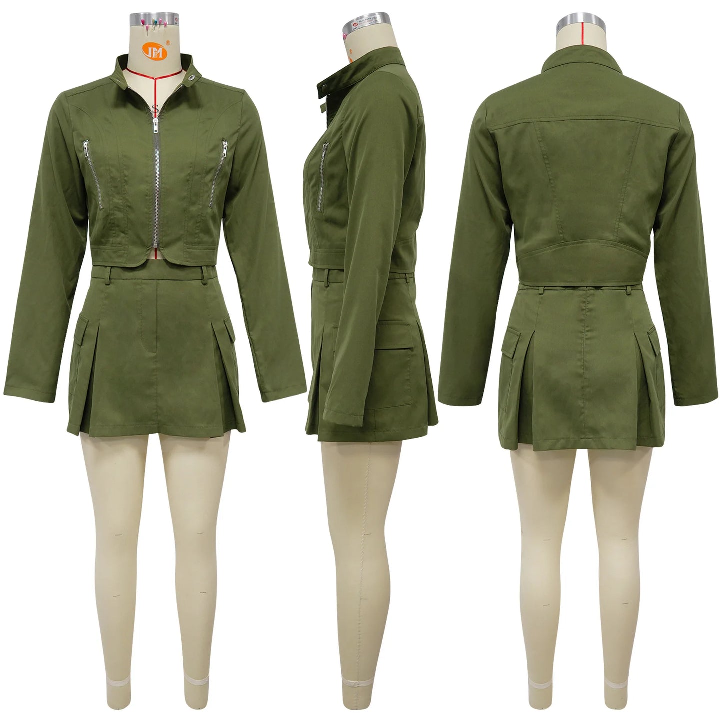 Casual Zipper Jacket Top + Pleated Skirt Set