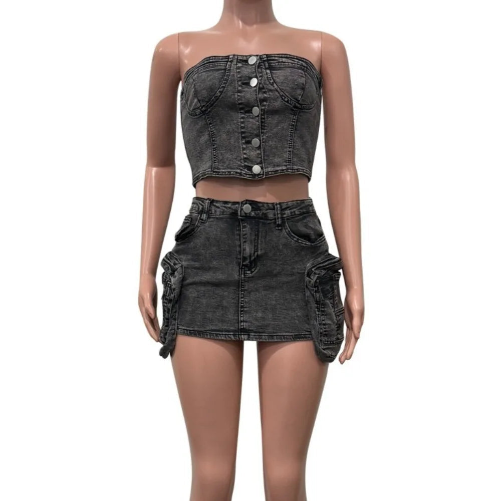 Denim Backless Crop and Matching Skirt Set