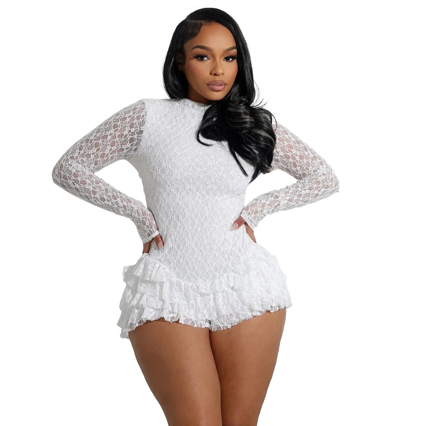Lace Ruffles Backless Shorts Romper