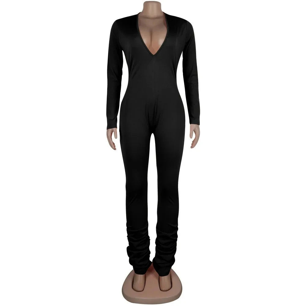 Deep V-Neck Bodycon Ruched Stacked Jumpsuit