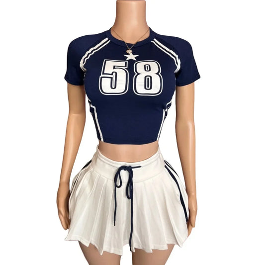 Solid Color Top Pleated Mini Skirt Set