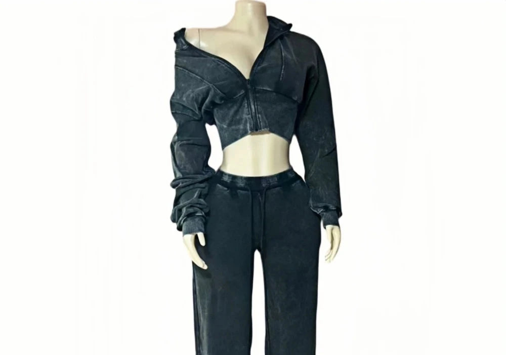 Distressed Wash Two-Piece Pants Set