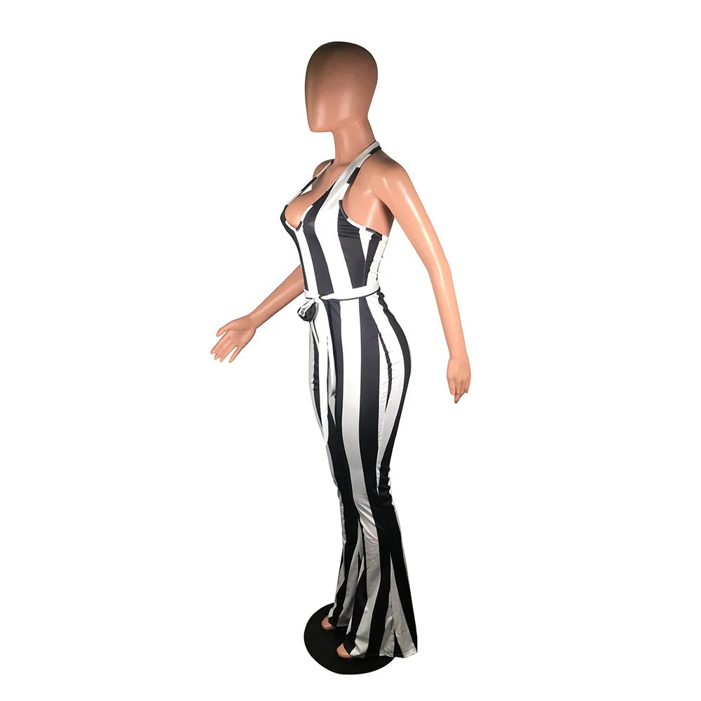 Striped Halter V-neck Jumpsuit