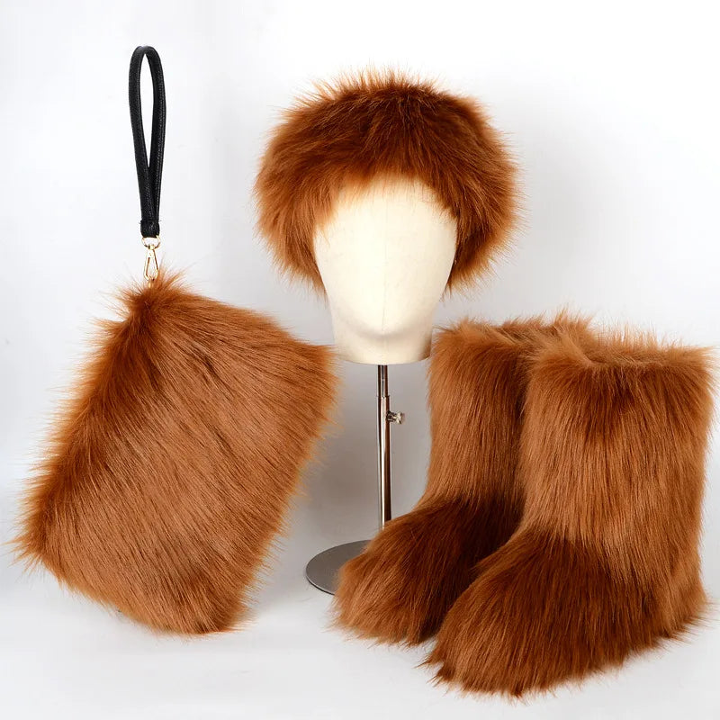 Fox Fur Snow Boots Headband and Handbag Set