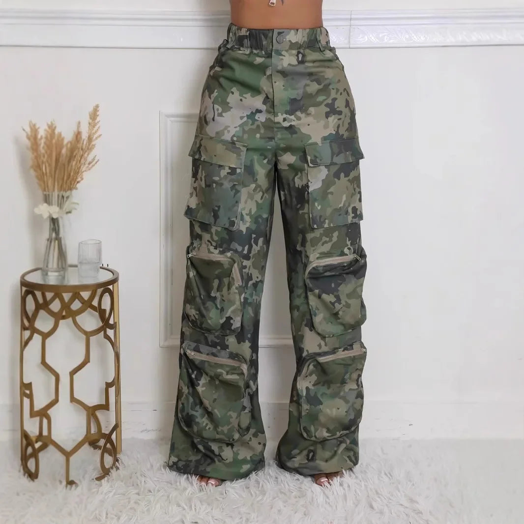 Camouflage High Waist Cargo Pocket Pants.