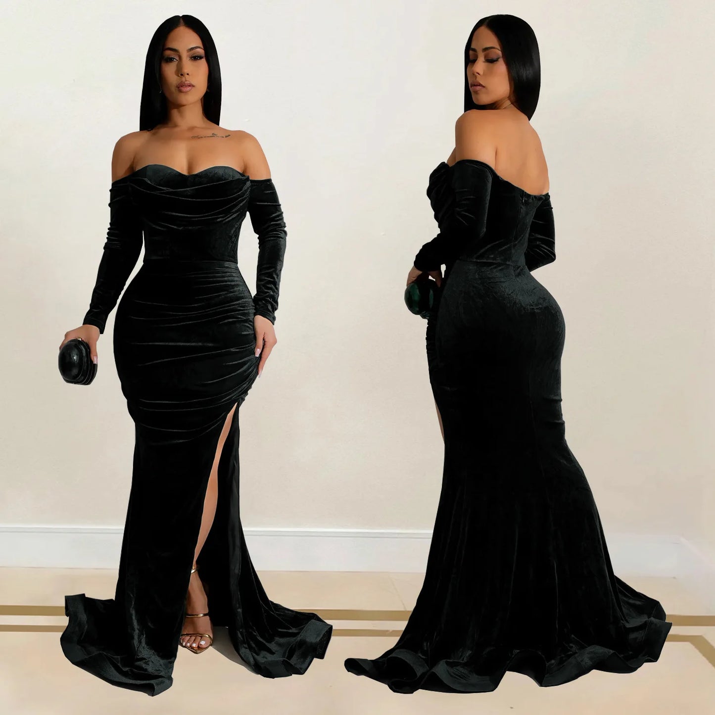 Velvet Off Shoulder Bodycon Maxi Dress.