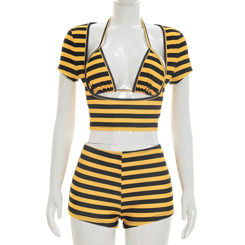 Striped 3 Pc Short Set