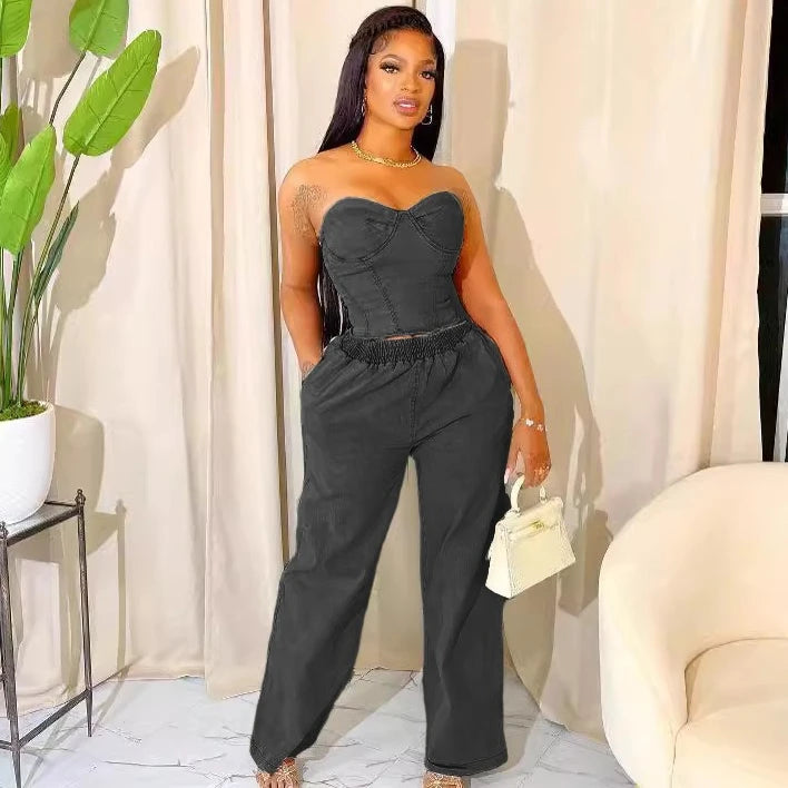 Des Backless Top and Wide Leg Jeans Set