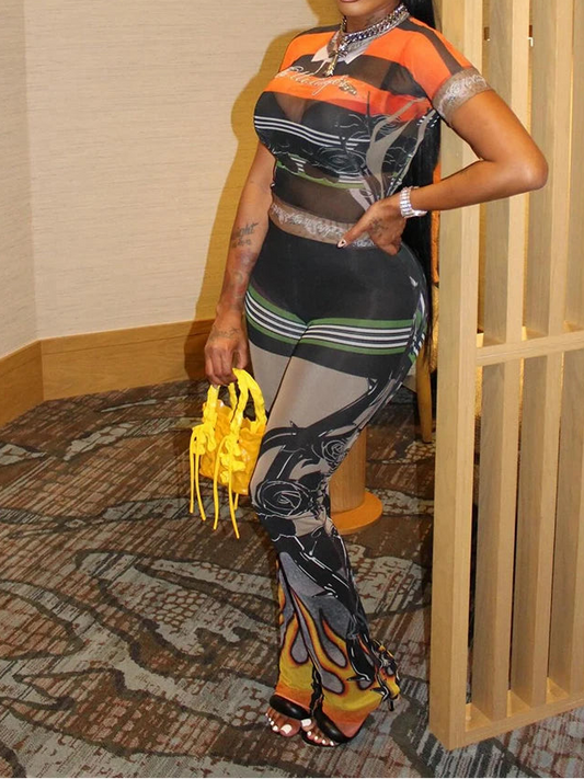 Mesh See-through Flame Print Set