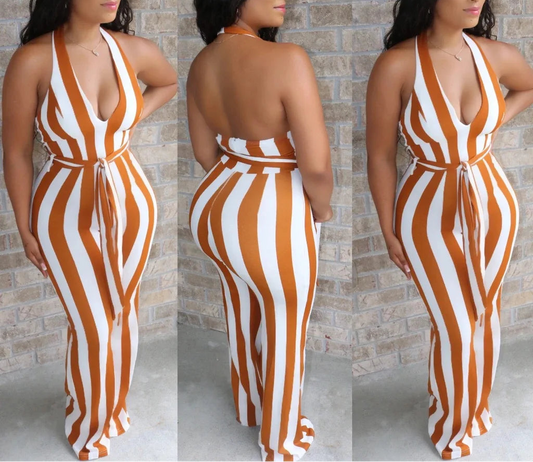 Striped Halter V-neck Jumpsuit