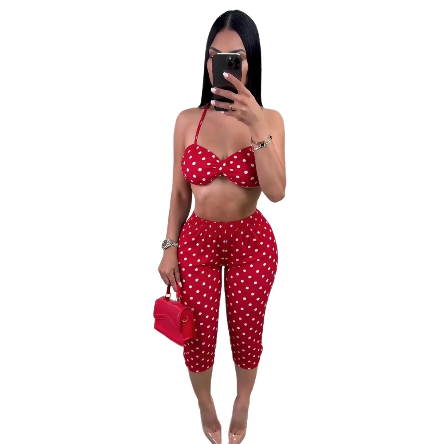 Polka Dot Print Hollow Two-Piece Set
