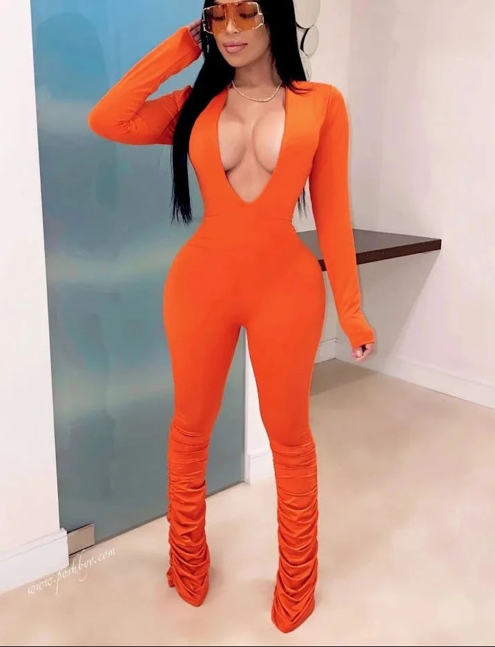 Deep V-Neck Bodycon Ruched Stacked Jumpsuit