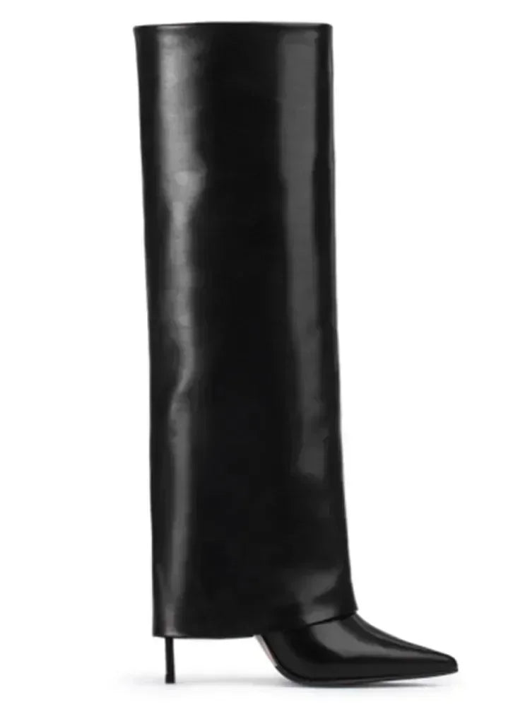 Knee-High Leather Skirt Boots