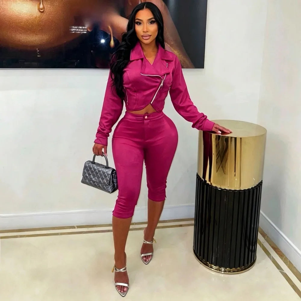 Suede Zip Crop Jacket and Capri Pants Set