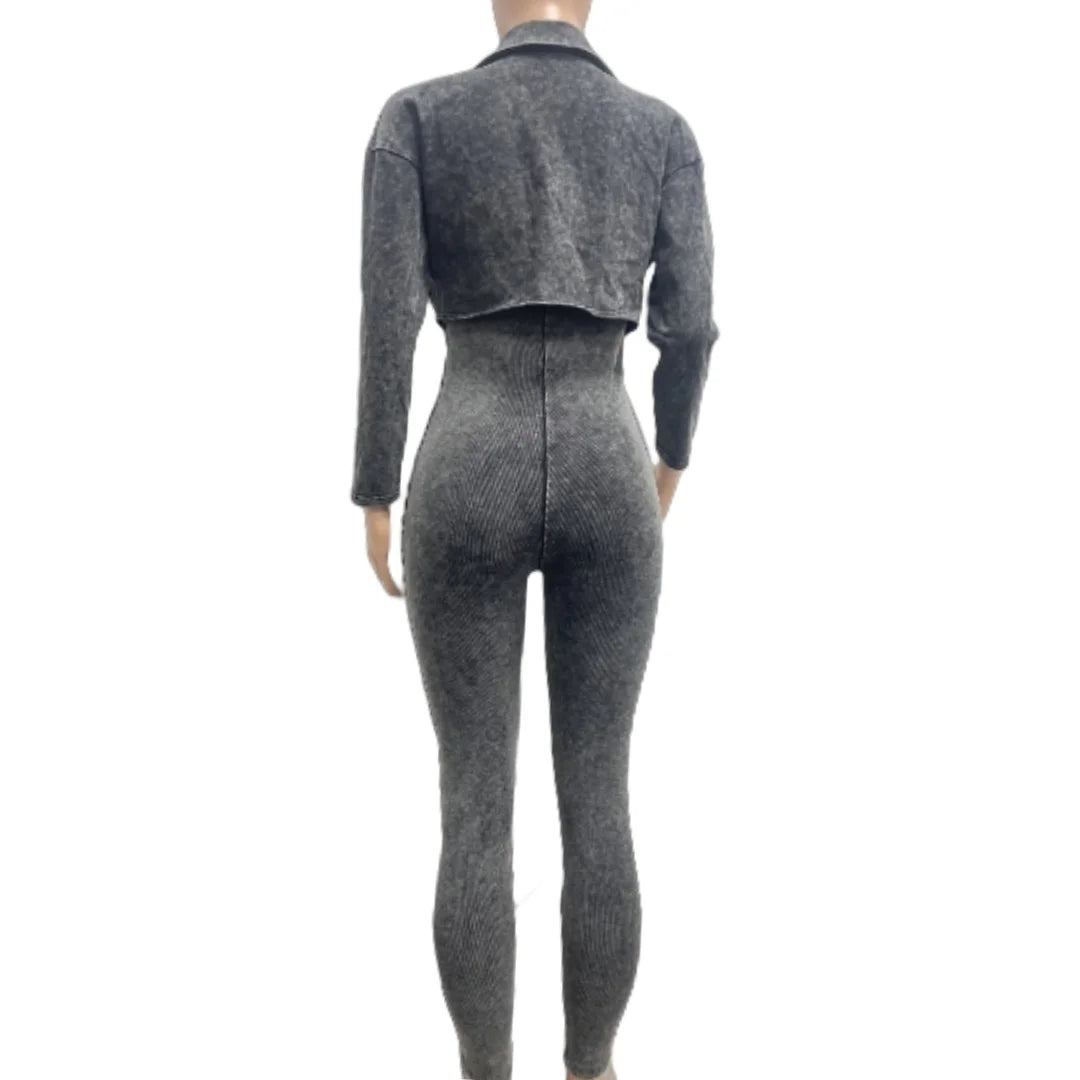 Ribbed Long Sleeve Crop Jacket + Bodycon Jumpsuit.