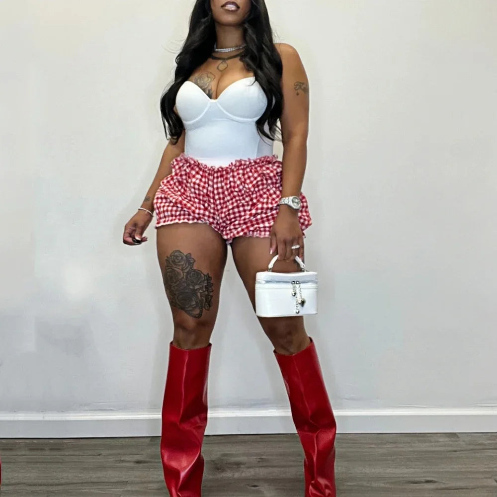 Sweet Plaid Print Ruched Shorts Two Piece-Set.