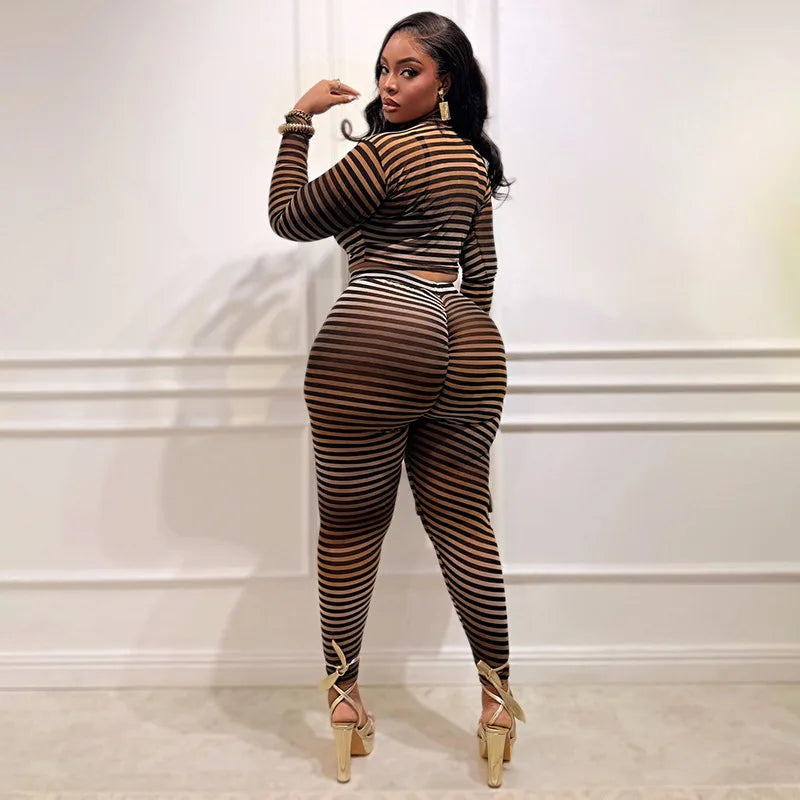 Striped Mesh See Through Bodycon Set
