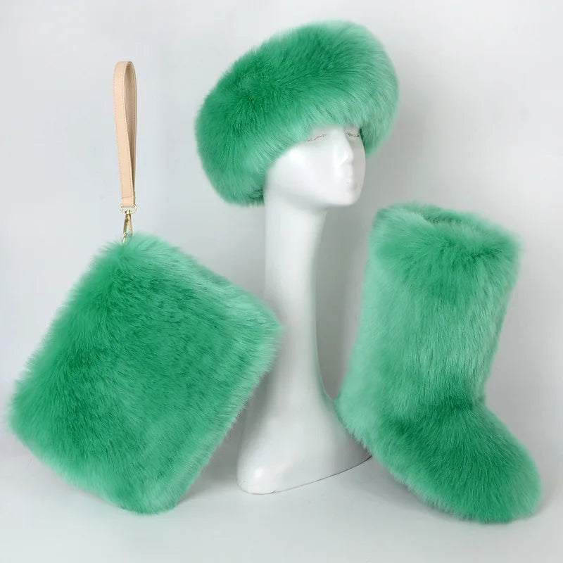 Fox Fur Snow Boots Headband and Handbag Set