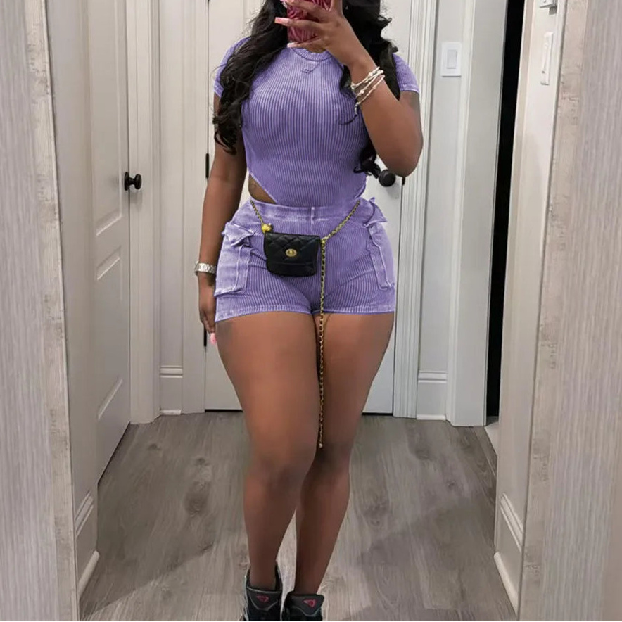 Stretchy Bodysuit Pockets Short Set