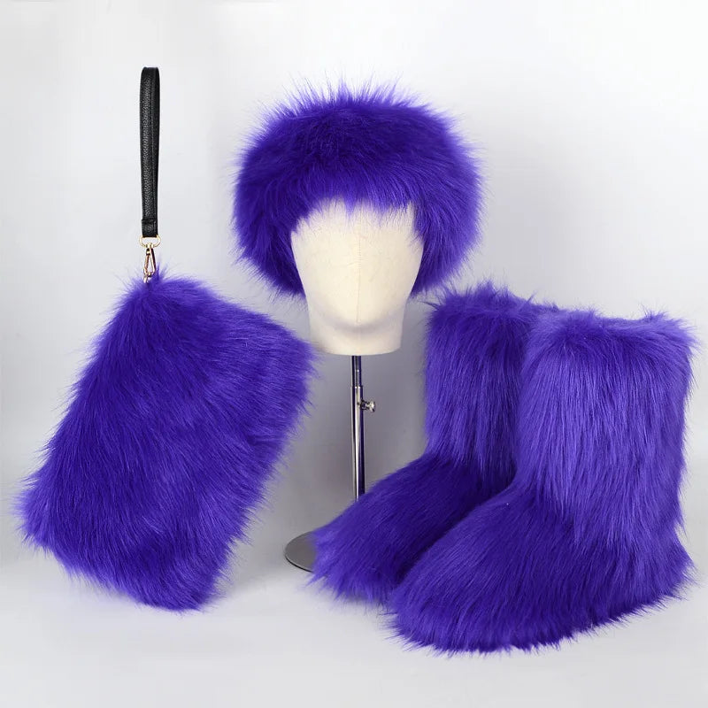 Fox Fur Snow Boots Headband and Handbag Set