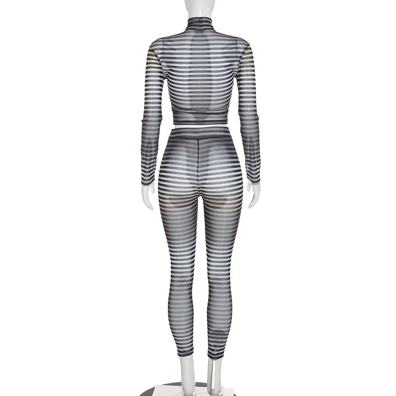 Striped Mesh See Through Bodycon Set