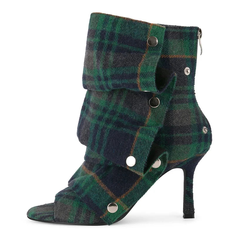 Slouch Pleated Plaid Ankle Boots
