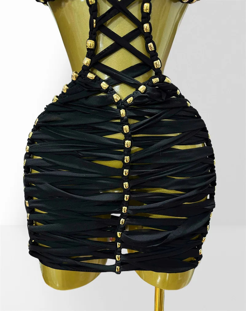 Metal Bead Detail Lace Up Cutout Bodycon Dress